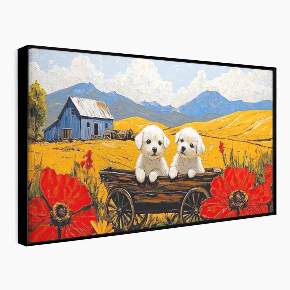 Tablou canvas cu tablou canvas cu catei in caruta si maci, in rama de aluminiu negru